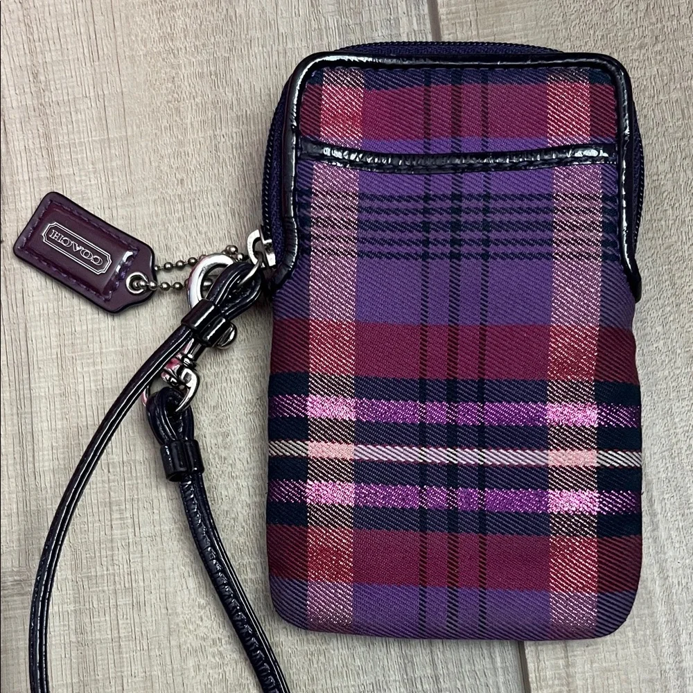 Coach Purple Plaid Poppy Phone Wristlet - Picture 2 of 3
